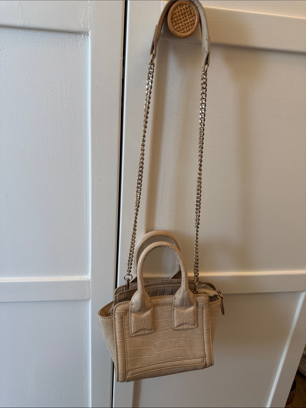 Zara Beige Croc-Embossed Mini Tote with Chain Strap